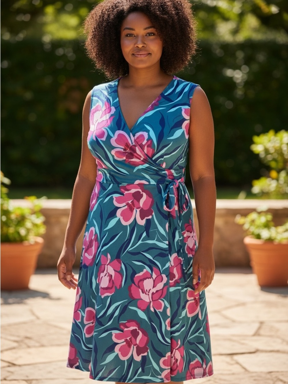 DM Collection Women's Sleeveless Fit & Flare Dress Green And Pink, Size 16W